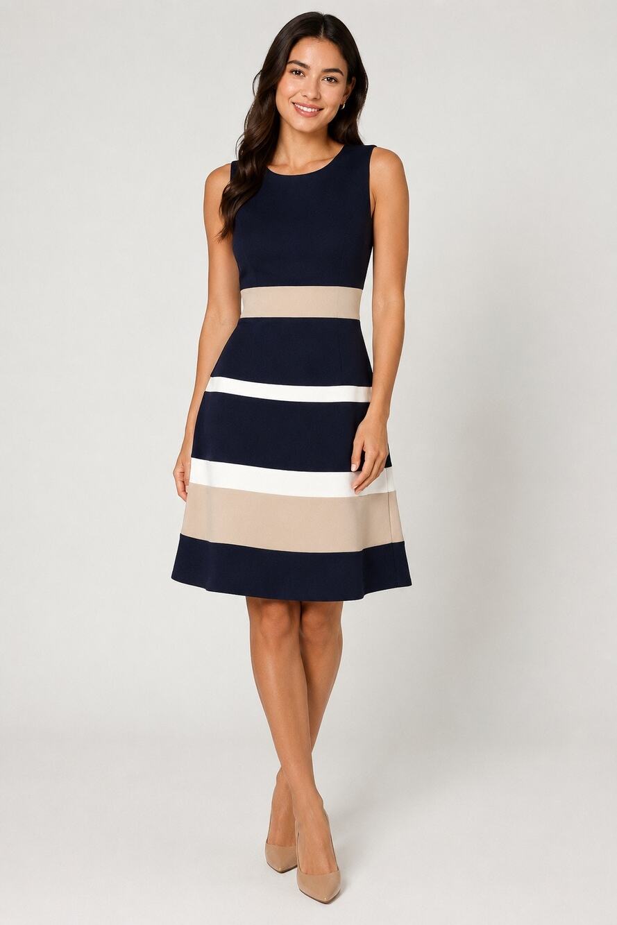 Tommy Hilfiger Colorblock Fit & Flare Dress Navy Tan White Size 2